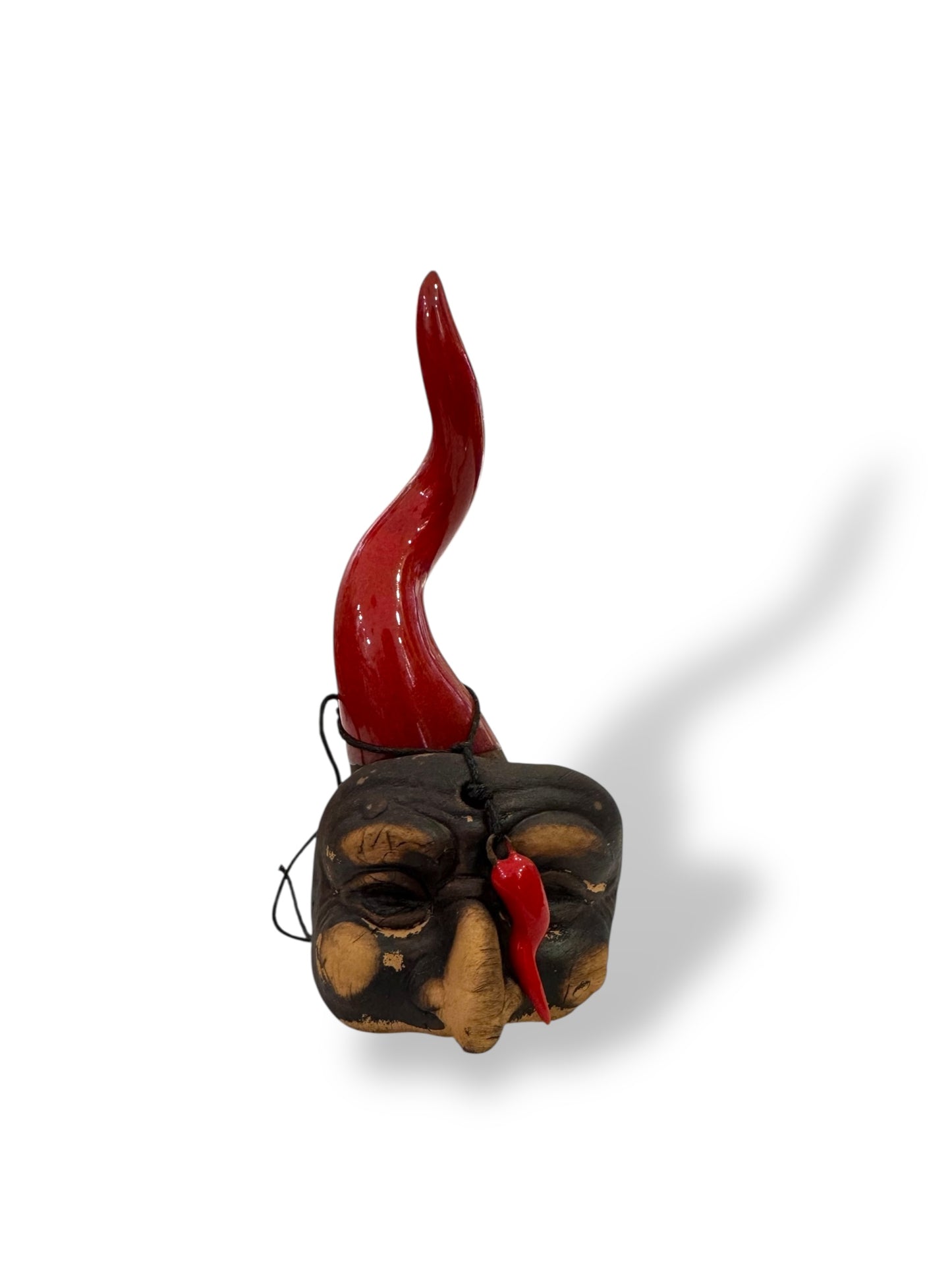 Corno in terracotta smaltato con maschera h 15 cm